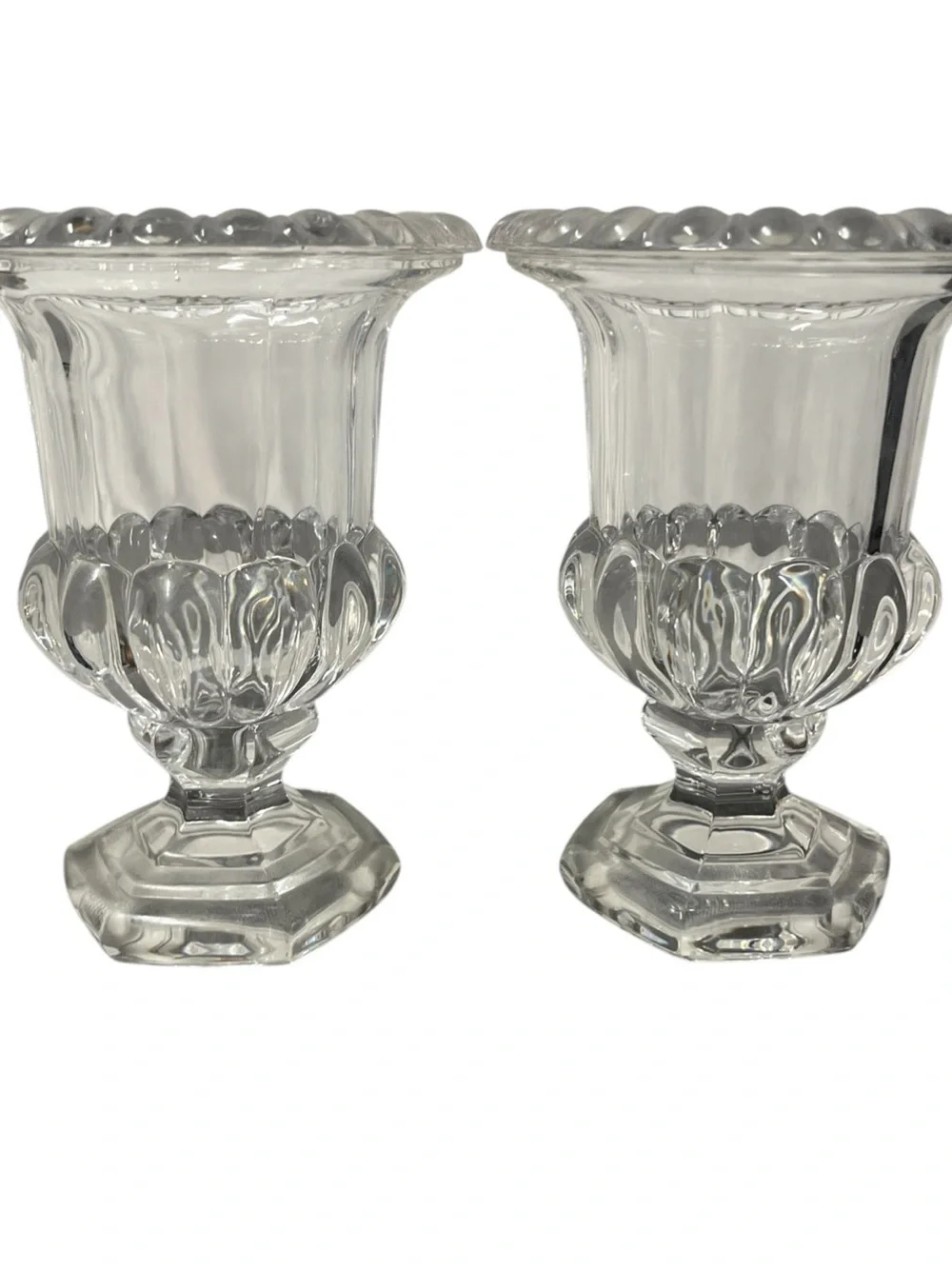 Set X 2 Unmarked Clear Glass Pedestal Vase Fluted Ribbed Scalloped Classic Decor